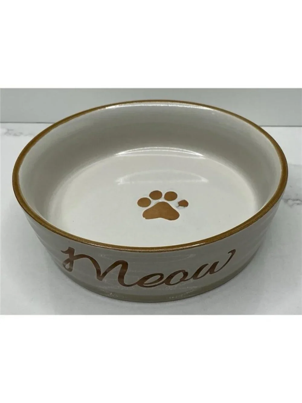 Spectrum Designz Cat Dish Ceramic Pet Bowl Tan Meow Paw Fifi Elegant 4.9” New